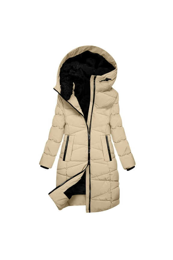 Quilted Down Coats for Women Long Heavy Winter Coats Fleece Lined Zip Up Hooded Thick Cold Weather Padded Jacket Warm Parkas Puffer Jacket with Pcokets