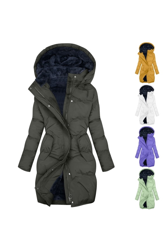 Quilted Jacket for Women Fleeced Lined Warm Parka Full Zip Drawstring Hooded Puffer Jackets Mid Length Casual Plus Size Outdoor Padded Coat with Pockets