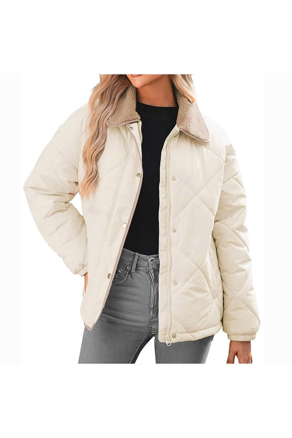 Quilted Jackets for Women Lightweight Winter Casual Coat Long Sleeve Button Up Coats Sherpa Puffer Lapel Collar Padded Barn Jacket Outerwear with Pockets