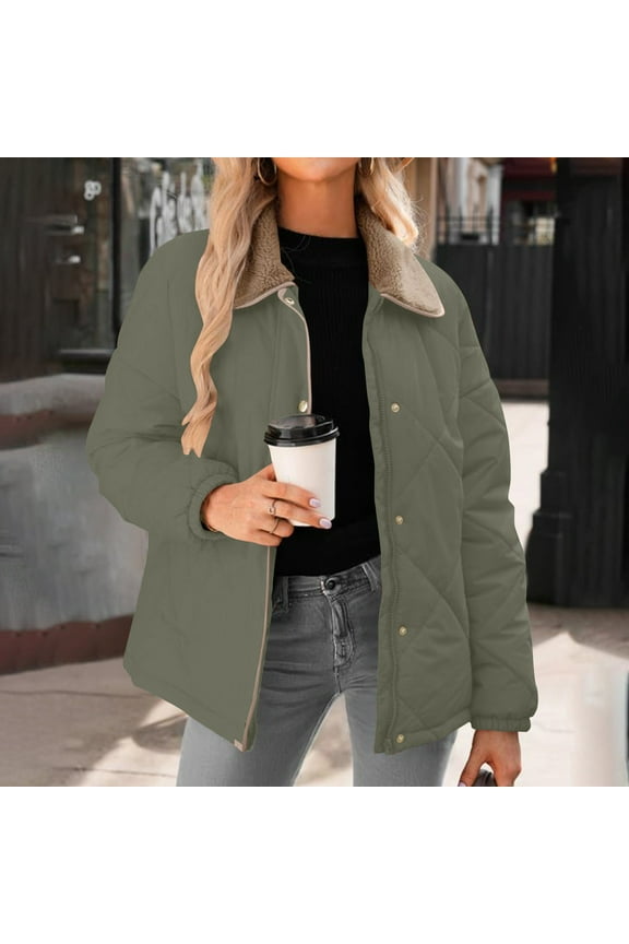 Quilted Jackets for Women Lightweight Winter Casual Long Sleeve Button Down Puffer Coats Sherpa Lapel Collar Padded Trendy Barn Jacket Outerwear