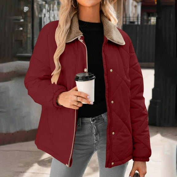 Xdegoge Quilted Jackets for Women Lightweight Winter Casual Long Sleeve Button Down Puffer Coats Sherpa Lapel Collar Padded Trendy Barn Jacket Outerwear