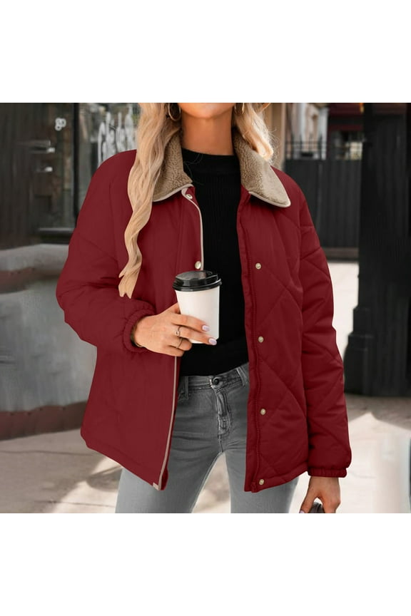 Quilted Jackets for Women Lightweight Winter Casual Long Sleeve Button Down Puffer Coats Sherpa Lapel Collar Padded Trendy Barn Jacket Outerwear
