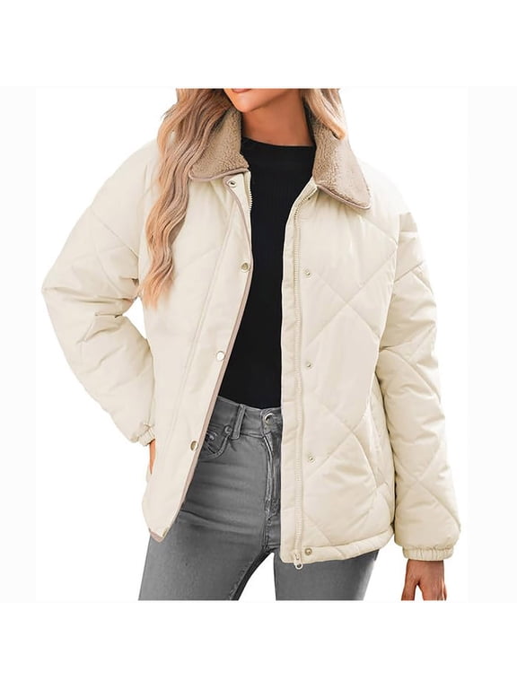 Quilted Jackets for Women Lightweight Winter Casual Long Sleeve Button Down Puffer Coats Sherpa Lapel Collar Padded Trendy Barn Jacket Outerwear
