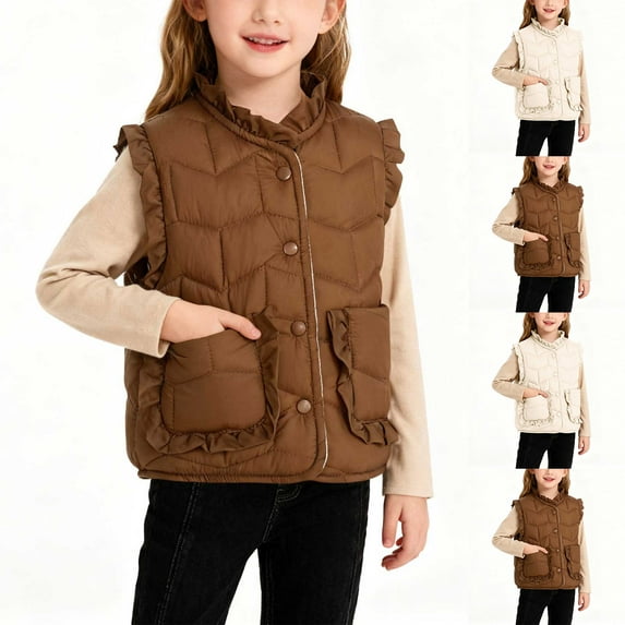 Xdegoge Quilted Vest for Girls Button Down V Neck Jacket Sleeveless Fleece Lined Warm Jackets Fall Winter Cute Lightweight Outerwear with Pockets Size 3-13