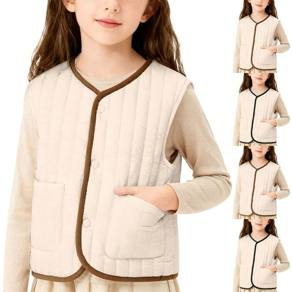 Xdegoge Quilted Vest for Girls Button Down V Neck Jacket Sleeveless Fleece Lined Warm Jackets Fall Winter Cute Lightweight Outerwear with Pockets Size 3-13