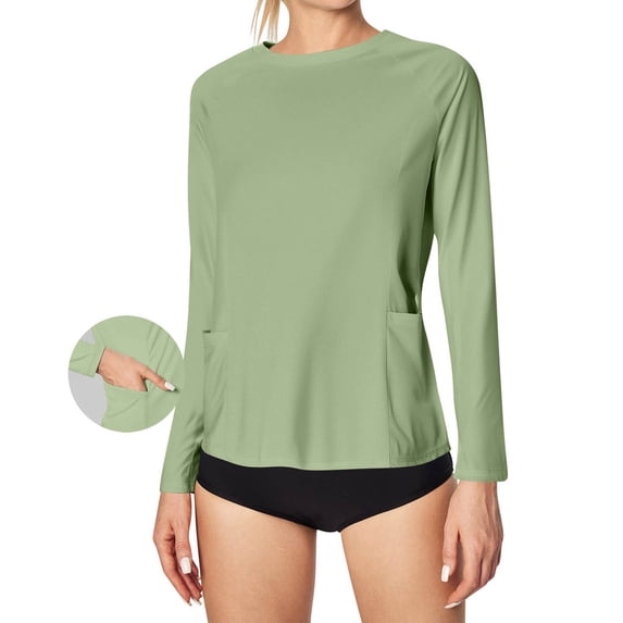 Xdegoge Rash Guard Shirts for Women Crewneck Long Sleeve Beach Vacation Swimwear Slim Fit Solid Pattern Side Pockets Stretchy Upf 50 Sun Protection Tops