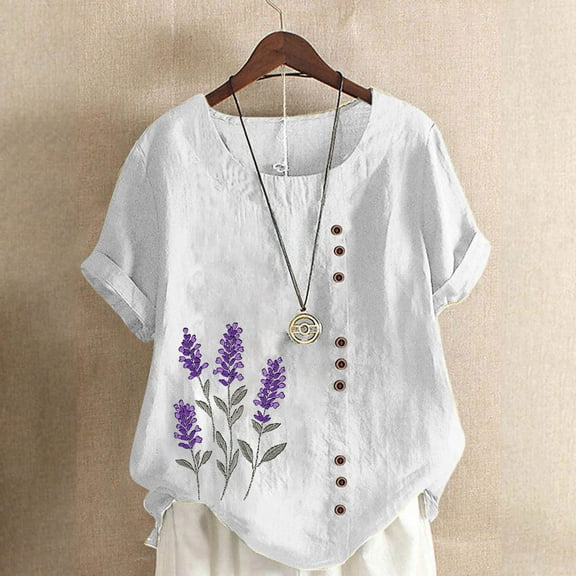 Xdegoge Linen Shirts for Women Short Sleeve Crewneck Shirts Casual Floral Summer Tops Oversized Cute Tshirts Vacation Beach T Shirts Soft Comfy Pullover Blouses
