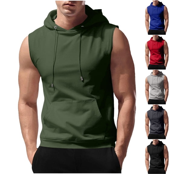 Xdegoge Men's Workout Hooded Tank Tops Drawstring Sleeveless Gym Training Sports Hoodies Bodybuilding Cut off Muscle T Shirt with Pocket