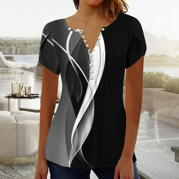 Xdegoge Recent Orders Placed By Me Summer Tops for Women 2025 Dressy Casual V Neck Short Sleeve Shirts Trendy Button Down T Shirt Tunic Cute Blouses Pullover Floral Print Going Out Tops Flash