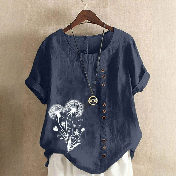 Xdegoge Recent Purchases Linen Shirts for Women Short Sleeve Crewneck Shirts Casual Floral Summer Tops Oversized Cute Tshirts Beach Vacation Clothes Pullover Blouses Lounge Tunic Tees Flash