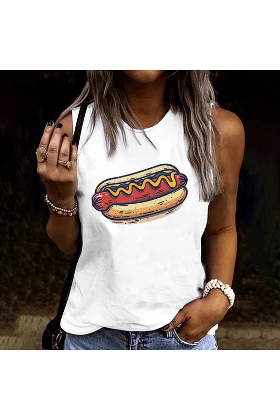 Retro Hot Dog Graphic Tank Top for Women Sleeveless Crewneck 4th of July Patriotic Summer Casual Relaxed Fit Independence Day USA Flag BBQ Party Summer Shirts Tops Tees
