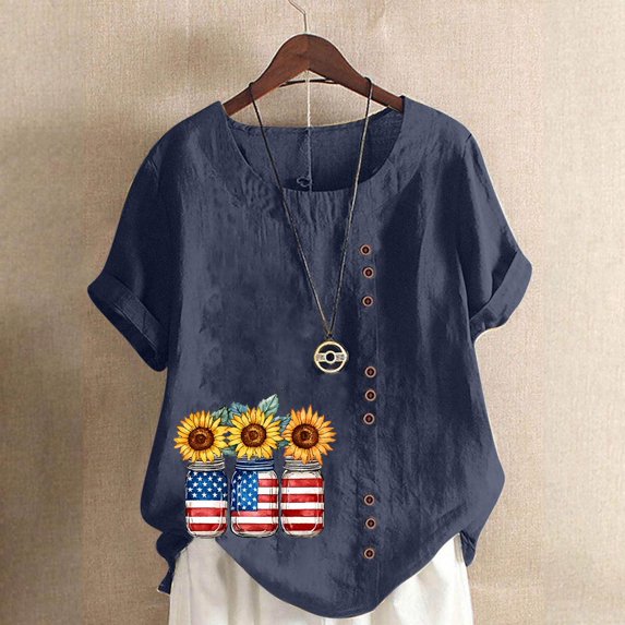 Xdegoge Returns Online Orders Linen Shirts Women Short Sleeve Crew Neck Tops Floral Summer Fashion Tunic Shirts Loose Fit Casual Blouses Y2K Plus Size Tee Shirts Ropa Mujer My Purchase History