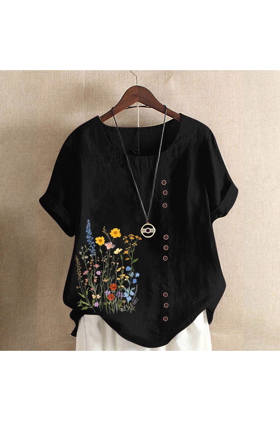 Linen Tops for Women Short Sleeve Crewneck Shirts Casual Floral Summer Tops Tunic Fit Fashion Tshirts Vacation Beach T Shirts Soft Comfy Pullover Blouses