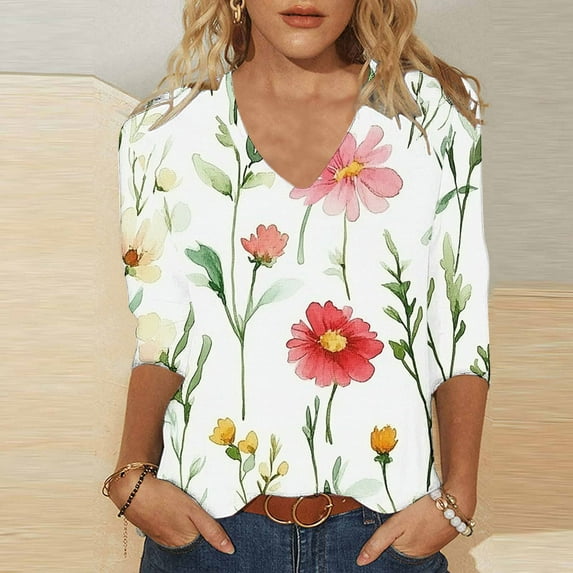 Xdegoge Returns And Refunds 3/4 Sleeve T Shirts For Women Floral V Neck T Shirts Going Out Summer Fashion Tops 2025 Dressy Casual Shirts Y2K Cute Boho Shirts Under 5.00