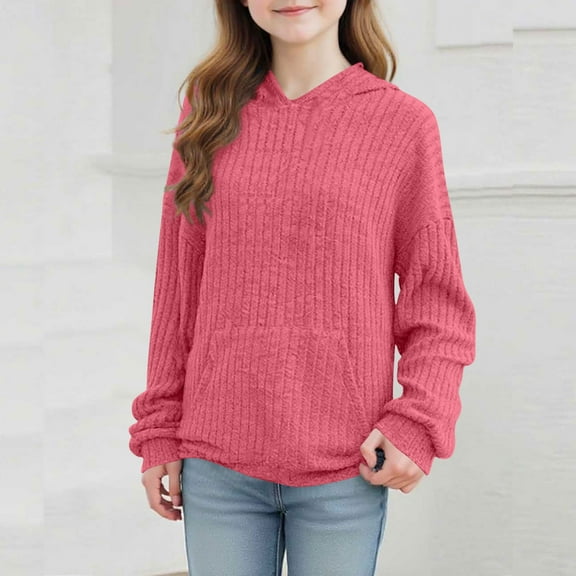 Xdegoge Ribbed Knit Hoodies for Teen Girls Soft Long Sleeve Pullover Hooded Sweater with Pocket Loose Fit Casual Plain Winter Kids Tops 4-14 Years