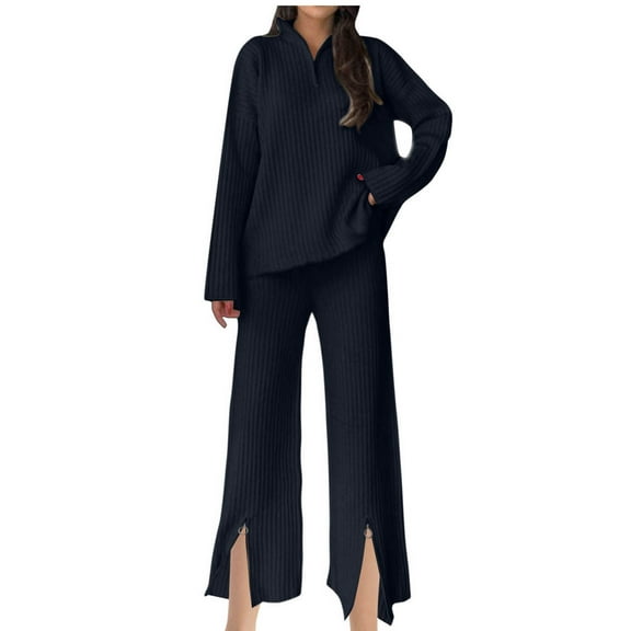 Xdegoge Ribbed Knit Lounge Sets for Women 2 Piece Long Sleeve Lapel Collar Pullover Soild Color Baggy Tops Side Split High Waisted Wide Leg Loose Pants 2025 Fall Winter Trendy Casaul Outfits
