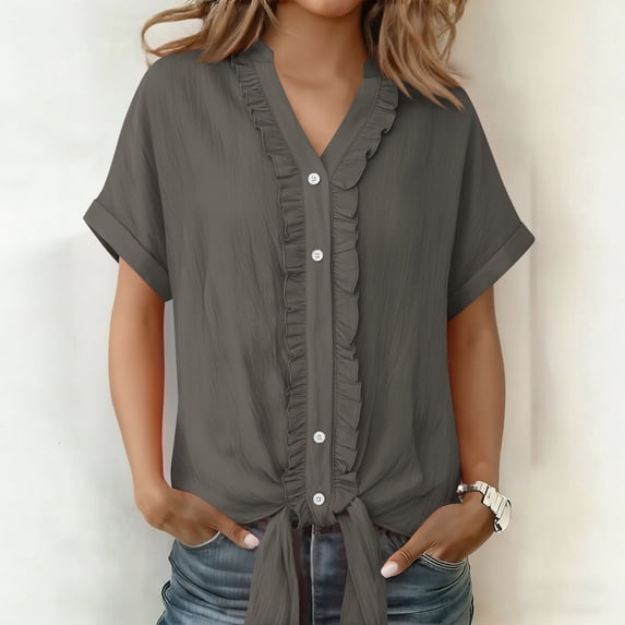 Xdegoge Ruffle Button Down Shirts for Women Cotton Linen Short Sleeve V Neck Blouses Casual Tie Front Summer Tops Lightweight Breathable Work Office Cuffed Sleeve Shirts for Women