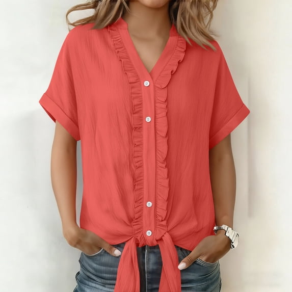 Xdegoge Ruffle Button Down Shirts for Women Cotton Linen Short Sleeve V Neck Blouses Casual Tie Front Summer Tops Lightweight Breathable Work Office Cuffed Sleeve Shirts for Women