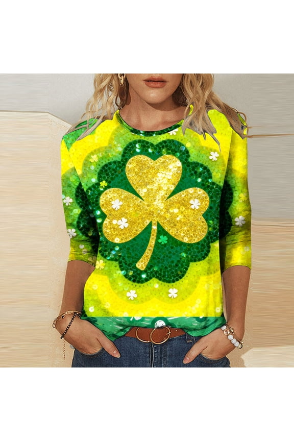 Saint Patricks Day Outfit Women 3/4 Sleeve Tie-Dye Shamrock T-Shirt with Silver Clover Center, Green & Blue Gradient, Funny St. Patrick's Shirts