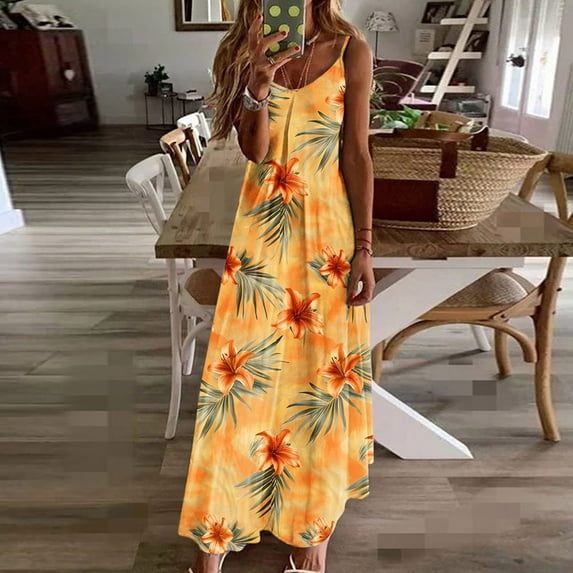 Xdegoge Today Clearance Plus Size Womens Clothes Female Dresses Sleeveless Spaghetti Strap Maxi Dress Floral Boho Summer Dresses Casual Flowy Dresses Beach Vacation Sundress of The Week