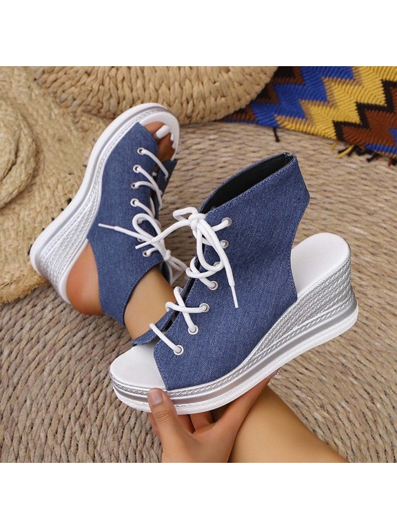 Sandals for Women Summer Lace Up Wedge Flatform Shoes Denim Texture High Top Canvas Sneakers Style Open Toe Lightweight Walking Footwear Casual Outdoor Beach