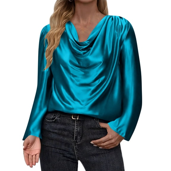 Xdegoge Satin Drape Neck Long Sleeve Blouse for Women Elegant Flowy Pullover Tops Dressy Casual Fashion Tops