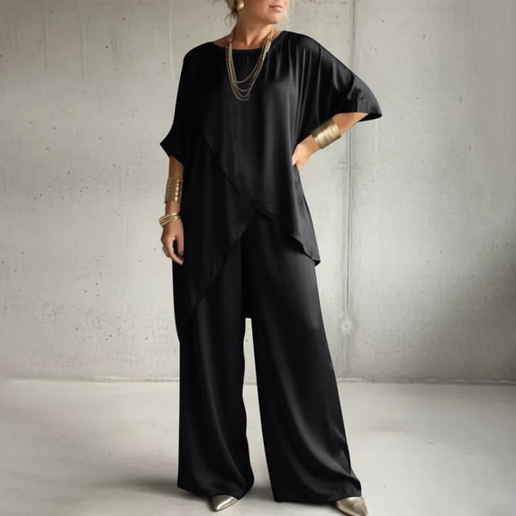 Xdegoge Satin Sets for Women 2 Piece 3/4 Sleeve Crewneck Silk Matching Set Asymmetrical Oversized Tops and Wide Leg Pants Casual Loose Travel Beach Outfits