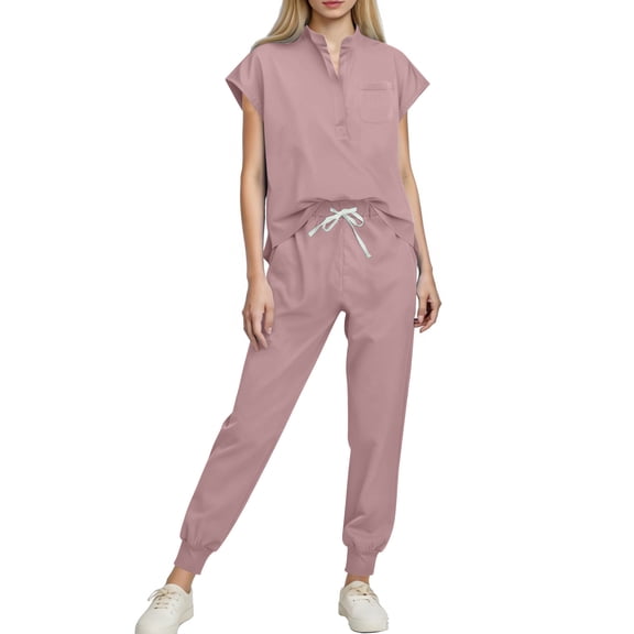 Xdegoge Scrub Set for Women Short Sleeve V Neck Tops Relaxed Loose Fit Cuffed Jogger Pants Adjustable Drawstring Waist 2 Piece Nurses Medical Sets Workwear