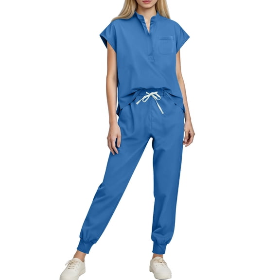 Xdegoge Scrub Set for Women Short Sleeve V Neck Tops Relaxed Loose Fit Cuffed Jogger Pants Adjustable Drawstring Waist 2 Piece Nurses Medical Sets Workwear