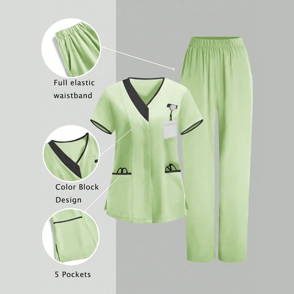 Xdegoge Scrub Set for Women Wrap V Neck Cross Over Top with Side Pockets and Straight Leg Pants Two Piece Nurses Medical Uniform Workwear