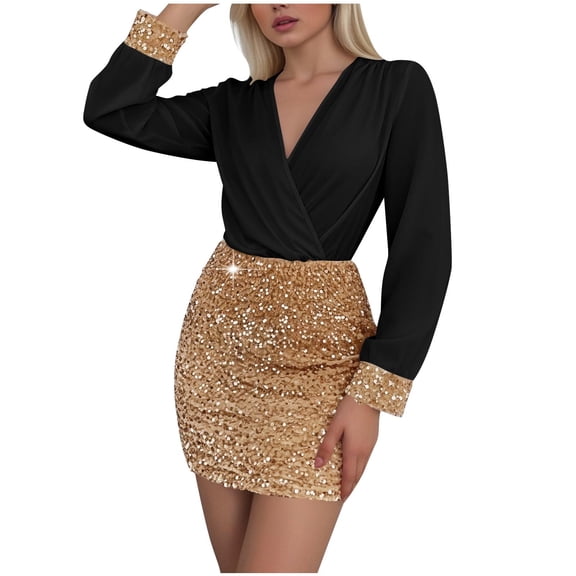 Xdegoge Sequin Dress for Women, Two Tone Wrap Top Mini Skirt Long Sleeve, Sparkly Party Club Outfit for Nightlife and Celebrations