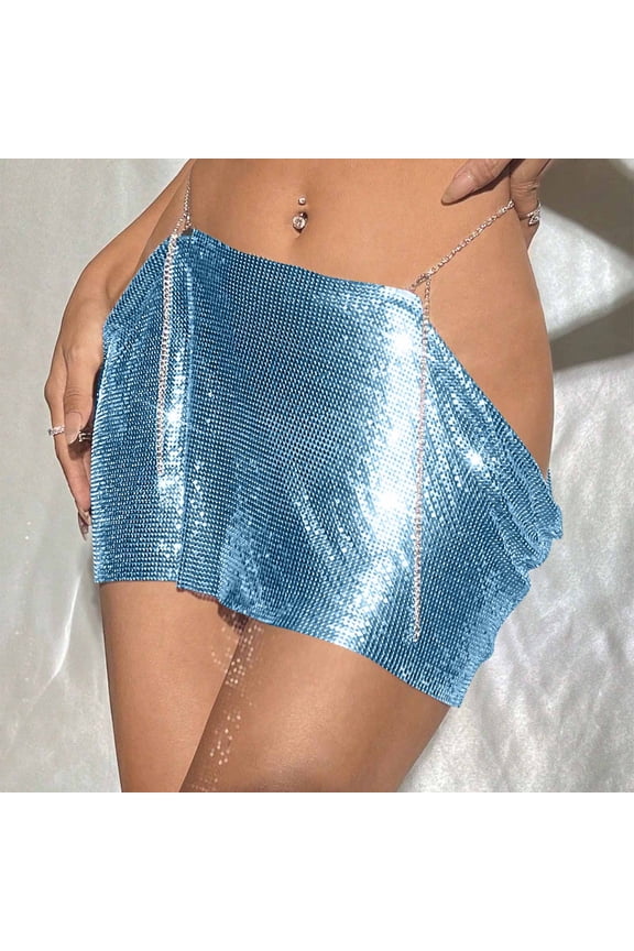 Sequin Micro Skirt for Women Metal Chain Wasitband Sparkly Bodycon Night Out Mini Skirts Low Rise Hip Wrap Glitter Rave Party Club Costume