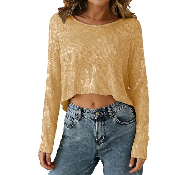 Xdegoge Sequin Party Tops for Women Cropped Long Sleeve Blouses with Distressed Ribbed Texture Solid Color Sparkly Shirts Going Out Outfits