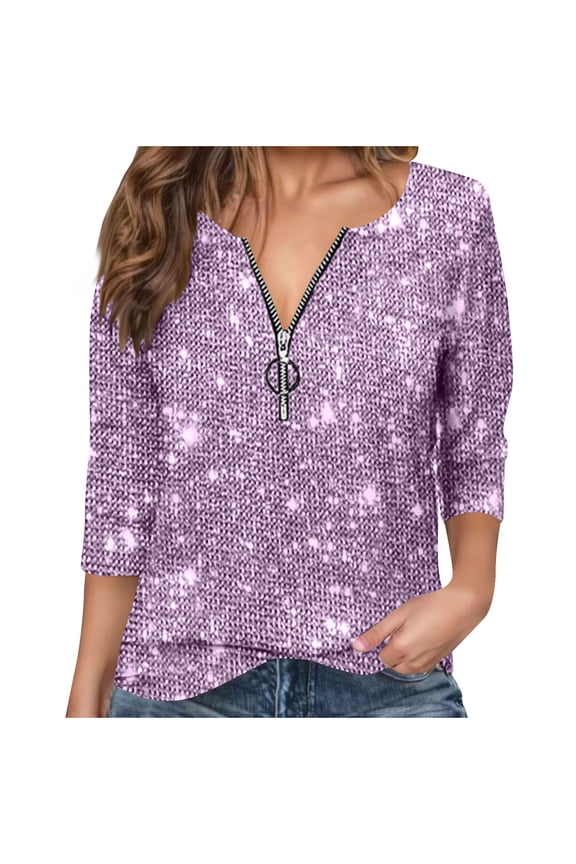 Sequin Quarter Zip Pullover Women Tops 3/4 Sleeve V Neck Glittery Loose Blouse for Casual Party, Date Night