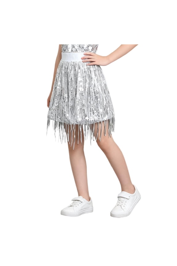 Sequin Skirt for Girls, Fringed Hem Mini Skirt with Elastic Waist, Sparkly A-Line Style for Dance and Party Events