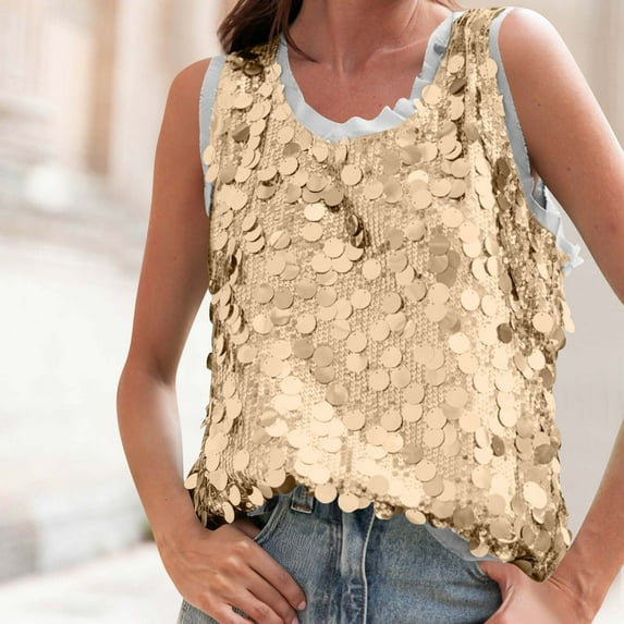 Xdegoge Sequin Tank Tops for Women Sparkle Glitter Sleeveless Club Shirts Carnival Bling Party Night Going Out Outfits New Years Eve Holiday Blouse