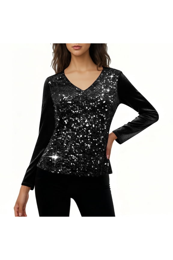 Sequin Tops for Women Party Night Velvet Dressy Casual Glitter Sparkly Blouse Long Sleeve Holiday Christmas V Neck Evening Bling Shirts