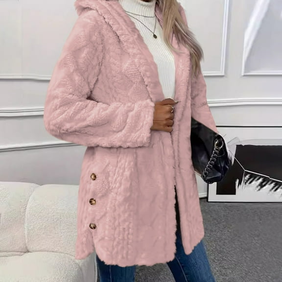Xdegoge Sherpa Jacket for Women Long Sleeve Button Down Side Spilt Hooded Jackets Fuzzy Fleece Solid Color Oversized Mid-Length Cozy Hoodie Winter Warm Casual Outerwear 2025