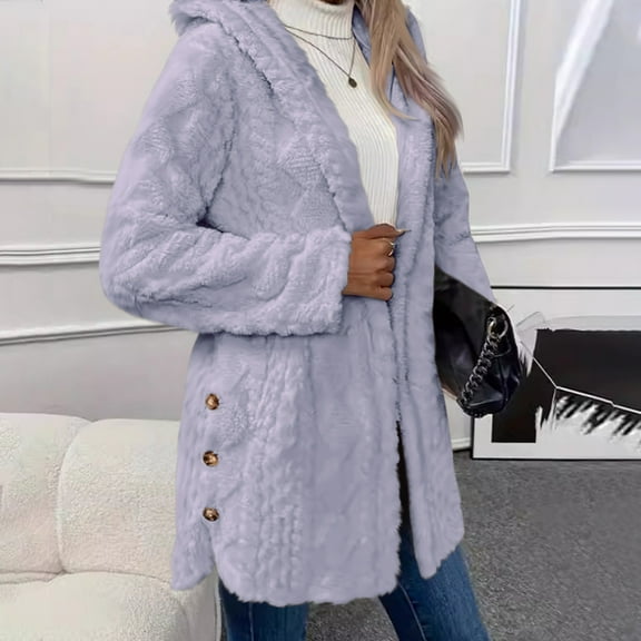 Xdegoge Sherpa Jacket for Women Long Sleeve Button Down Side Spilt Hooded Jackets Fuzzy Fleece Solid Color Oversized Mid-Length Cozy Hoodie Winter Warm Casual Outerwear 2025