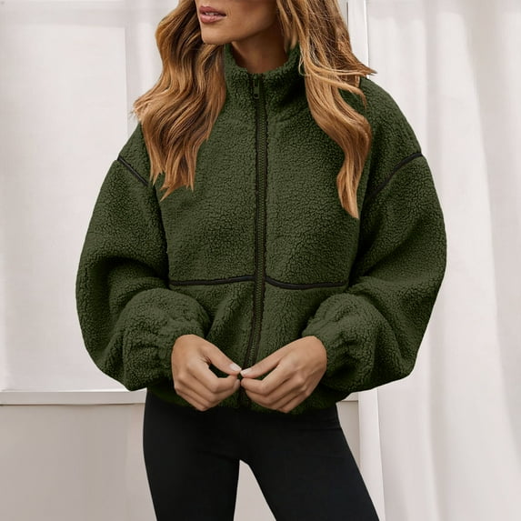 Xdegoge Sherpa Jacket Women Zip Up Fuzzy Fleece Long Sleeve Crop Jackets Stand Collar Thicken Warm Coats Drop Shoulder Casual Winter Trendy Coat 2025