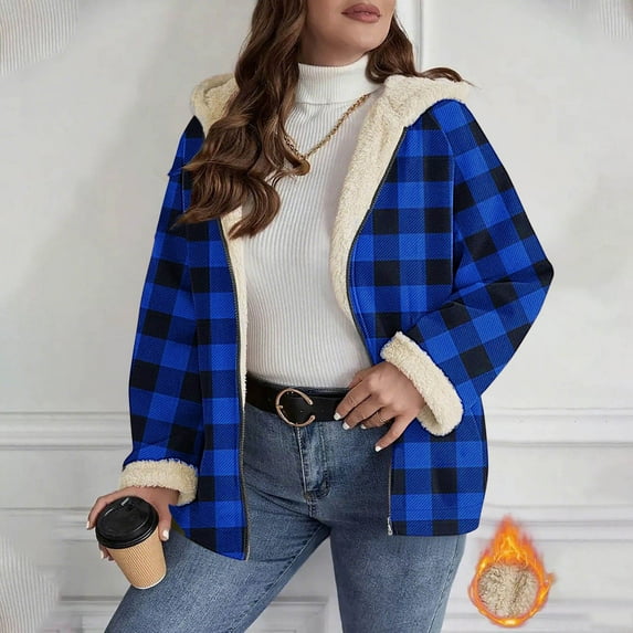 Xdegoge Sherpa Lined Plaid Jackets for Women Trendy Long Sleeve Zip Up Fuzzy Hooded Jacket Oversized Casual Loose Warm Coat 2025 Winter Y2K Fleece Coats