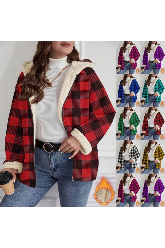 Sherpa Lined Plaid Jackets for Women Trendy Long Sleeve Zip Up Fuzzy Hooded Jacket Oversized Casual Loose Warm Coat 2025 Winter Y2K Fleece Coats