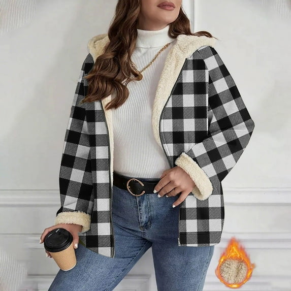 Xdegoge Sherpa Lined Plaid Jackets for Women Trendy Long Sleeve Zip Up Fuzzy Hooded Jacket Oversized Casual Loose Warm Coat 2025 Winter Y2K Fleece Coats