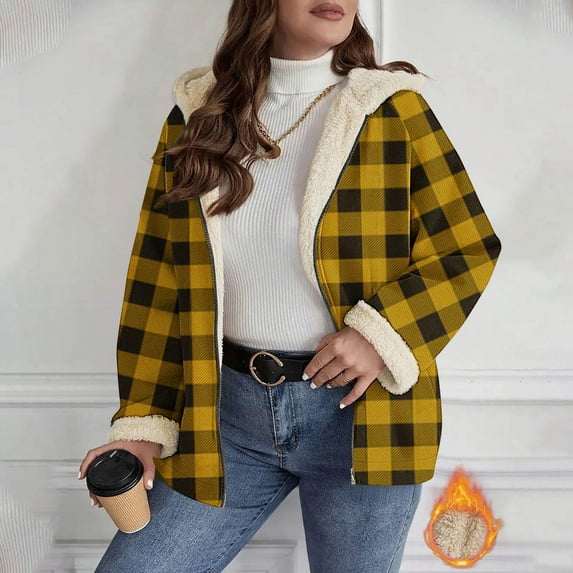 Xdegoge Sherpa Lined Plaid Jackets for Women Trendy Long Sleeve Zip Up Fuzzy Hooded Jacket Oversized Casual Loose Warm Coat 2025 Winter Y2K Fleece Coats