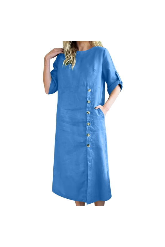 Shirt Dresses for Women Loose Fit Crewneck Midi Dress Short Sleeve Shift Dress Asymmetrical Button Detail Solid Color Daily Office Wear