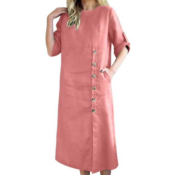 Xdegoge Shirt Dresses for Women Loose Fit Crewneck Midi Dress Short Sleeve Shift Dress Asymmetrical Button Detail Solid Color Daily Office Wear