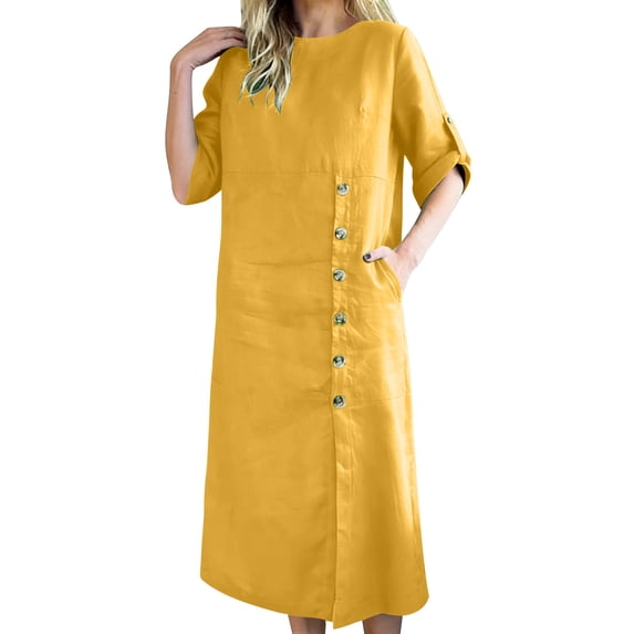 Xdegoge Shirt Dresses for Women Loose Fit Crewneck Midi Dress Short Sleeve Shift Dress Asymmetrical Button Detail Solid Color Daily Office Wear