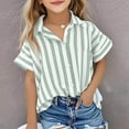 thumbnail image 1 of Xdegoge Shirts for Girls Cotton Linen Blouse Tops Striped Button Shirts Loose Fit Short Sleeve Shirt Spring Summer Trendy School Vacation Shirt Green 10-12 Camiseta De Para Niños, 1 of 7