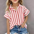 thumbnail image 1 of Xdegoge Shirts for Girls Cotton Linen Blouse Tops Striped Button Shirts Loose Fit Short Sleeve Shirt Spring Summer Trendy School Vacation Shirt Red 6-8 Camiseta De Para Niños Clearance Sales, 1 of 7