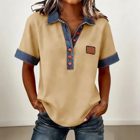 Xdegoge Shirts for Women Collared Short Sleeve Casual Workwear Loose Fit Contrast Denim Detail Button Up Front Breathable Stretchy Summer Spring Tops